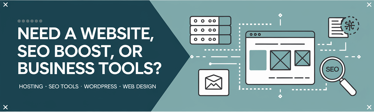 Promotional banner for website hosting, SEO tools, and web design services